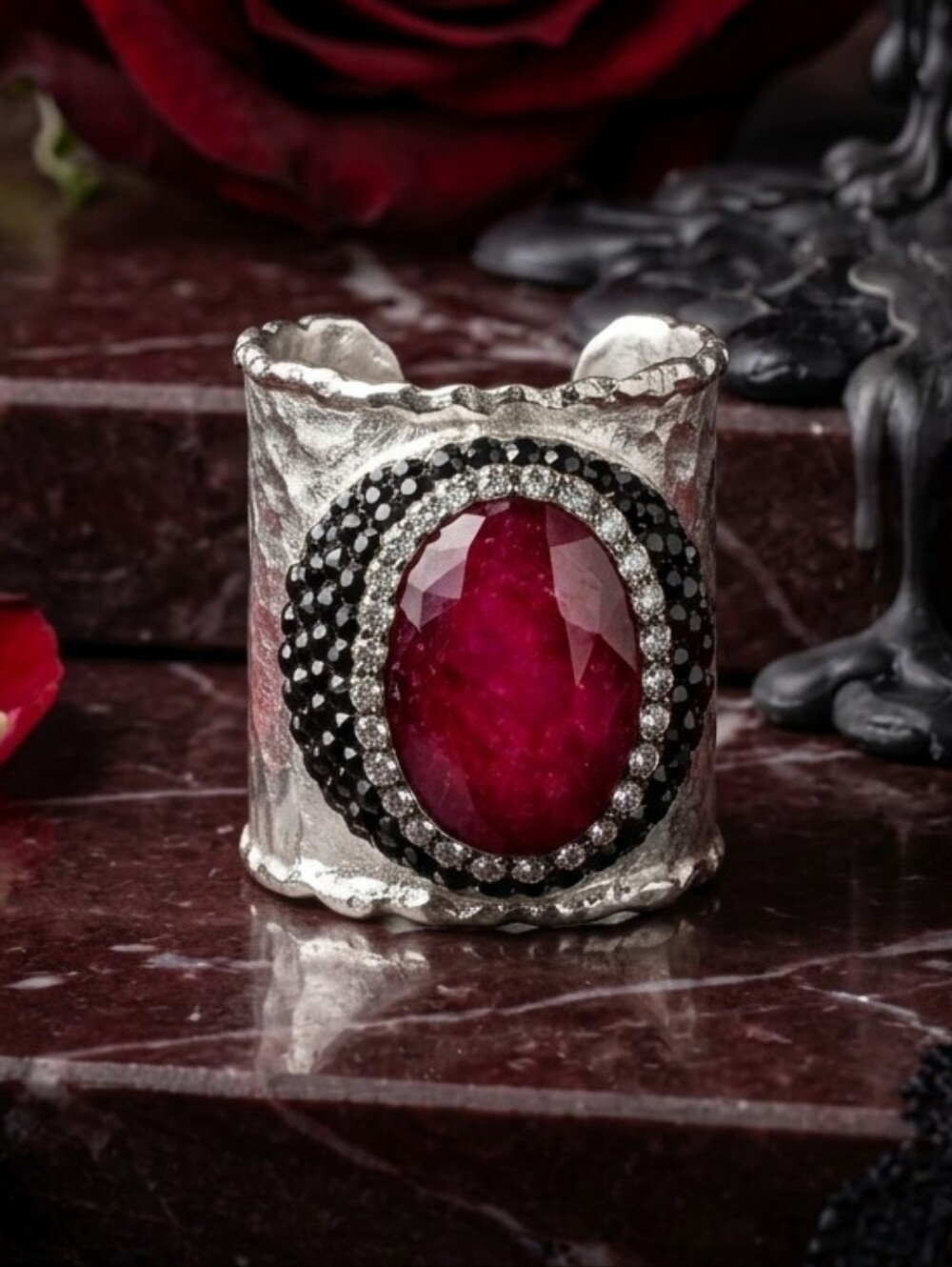 Wide Band Silver Plated Statement Ring Dyed Ruby Hematite Artisan Whimsigoth